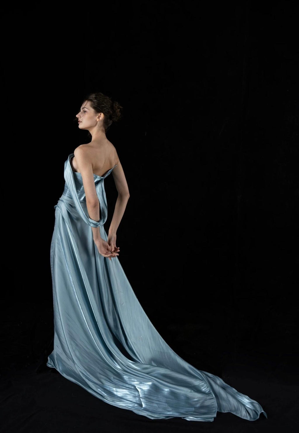 Light Blue Ruched Satin Evening Gown, Asymmetrical Off Shoulder Formal Dress, Draped Long Train Prom Gown