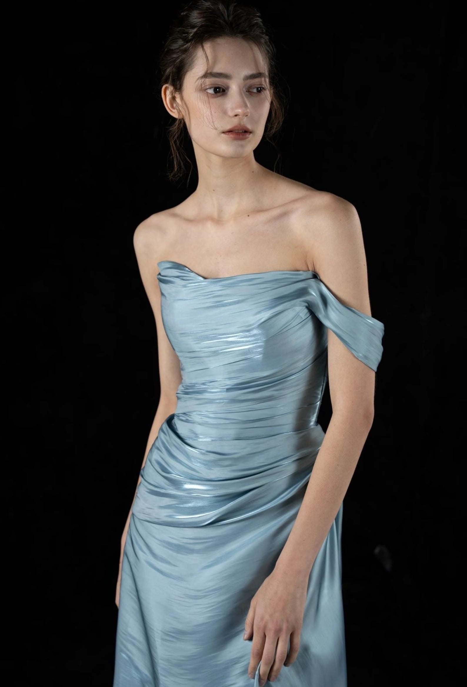 Light Blue Ruched Satin Evening Gown, Asymmetrical Off Shoulder Formal Dress, Draped Long Train Prom Gown