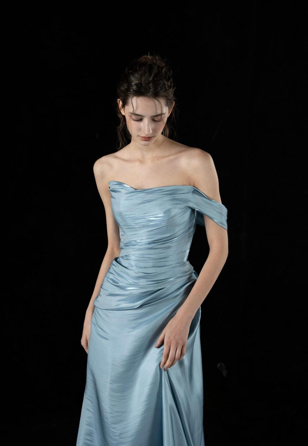 Light Blue Ruched Satin Evening Gown, Asymmetrical Off Shoulder Formal Dress, Draped Long Train Prom Gown
