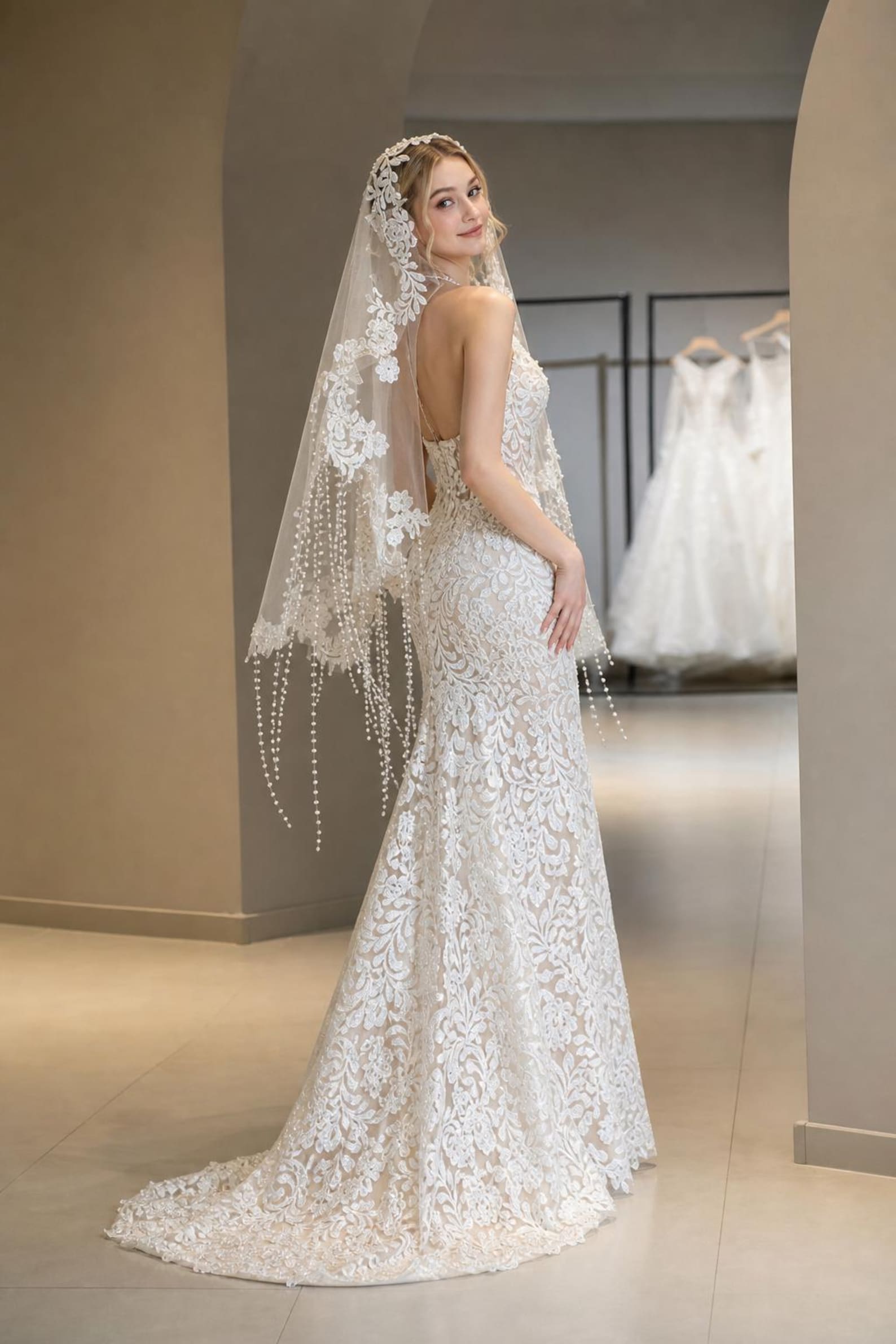 Vintage Halter Neck Lace Mermaid Wedding Gown, Curve Hugging Floral Lace Bridal Dress, Custom Size Wedding Dress with Beaded Tassel Veil