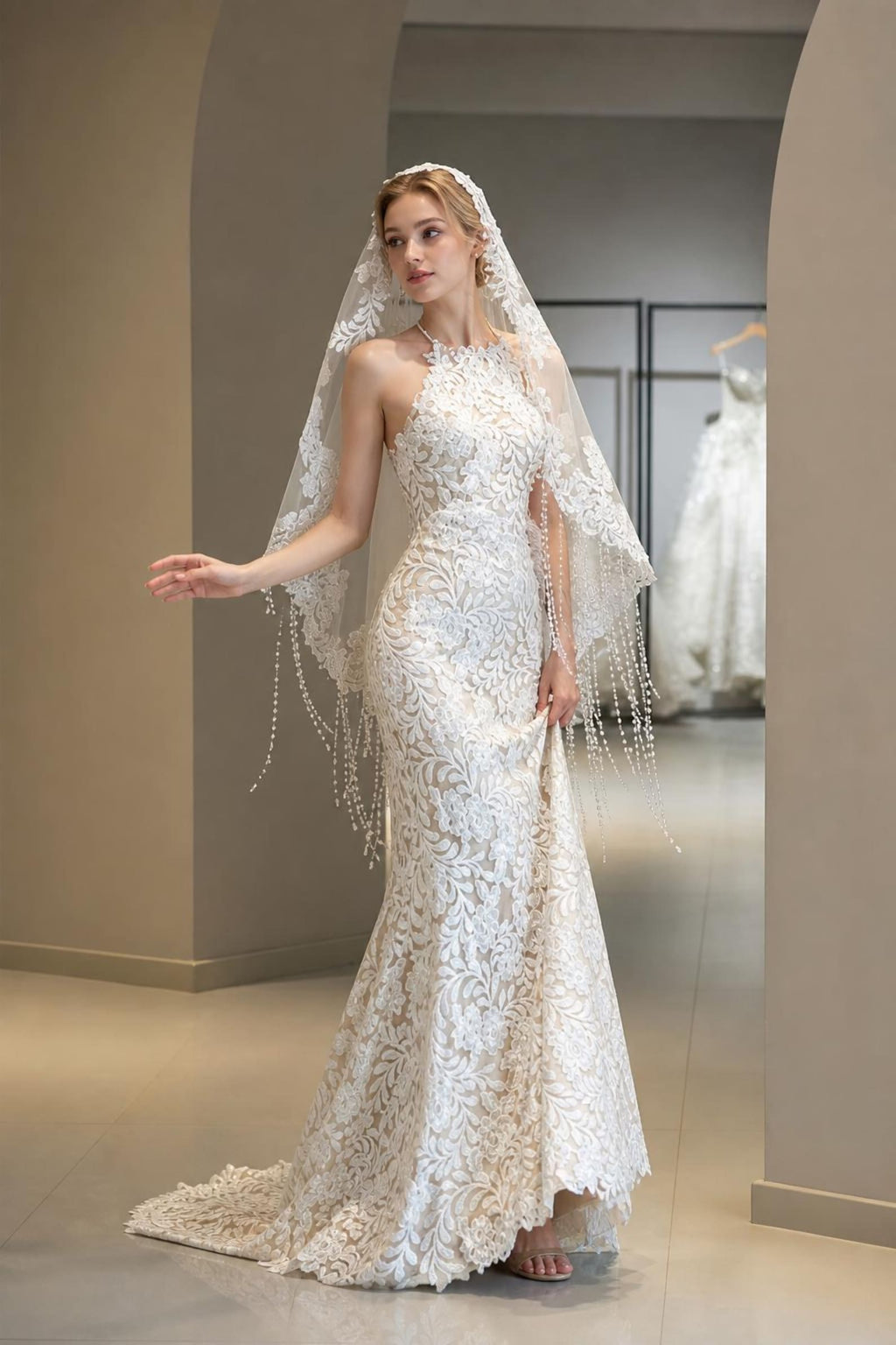 Vintage Halter Neck Lace Mermaid Wedding Gown, Curve Hugging Floral Lace Bridal Dress, Custom Size Wedding Dress with Beaded Tassel Veil
