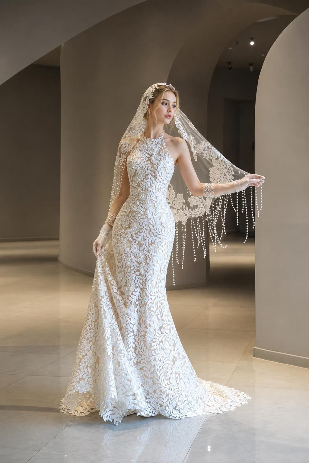 Vintage Halter Neck Lace Mermaid Wedding Gown, Curve Hugging Floral Lace Bridal Dress, Custom Size Wedding Dress with Beaded Tassel Veil