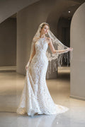 Vintage Halter Neck Lace Mermaid Wedding Gown, Curve Hugging Floral Lace Bridal Dress, Custom Size Wedding Dress with Beaded Tassel Veil