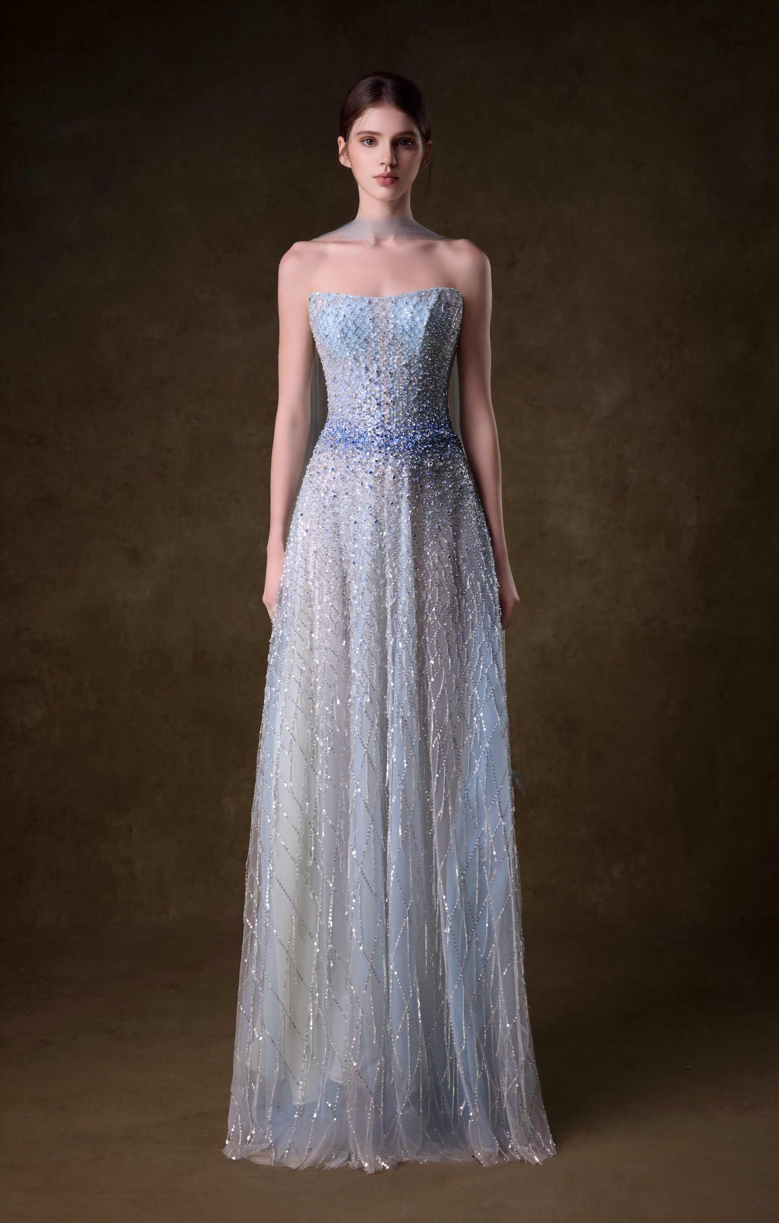 Strapless Dusty Blue Ombre Beaded A-Line Evening Gown, Hand Sewn Rhinestone Tulle Formal Prom Dress, Custom Luxury Gala Dress