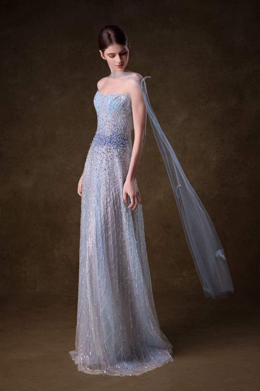 Strapless Dusty Blue Ombre Beaded A-Line Evening Gown, Hand Sewn Rhinestone Tulle Formal Prom Dress, Custom Luxury Gala Dress