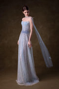Strapless Dusty Blue Ombre Beaded A-Line Evening Gown, Hand Sewn Rhinestone Tulle Formal Prom Dress, Custom Luxury Gala Dress