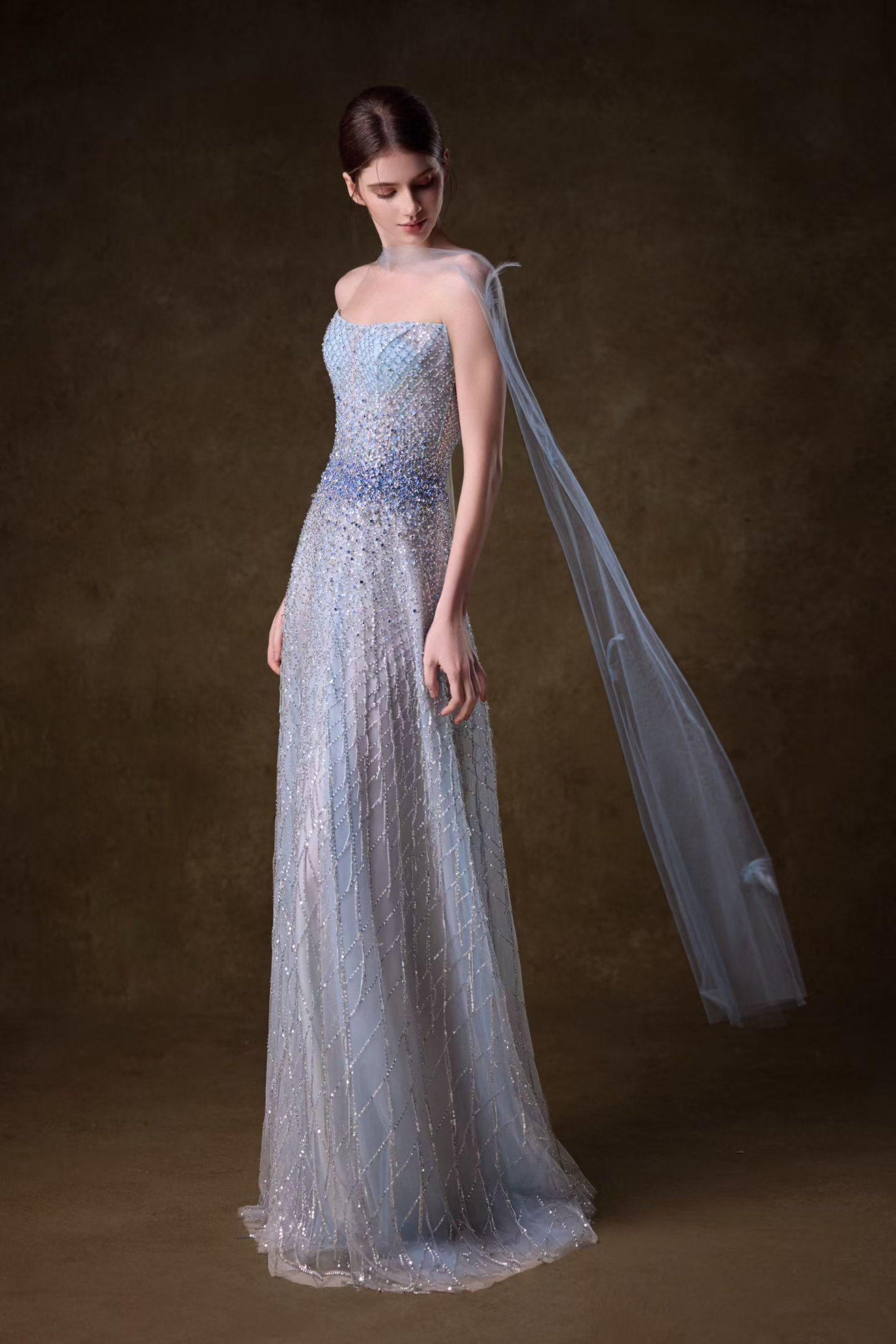 Strapless Dusty Blue Ombre Beaded A-Line Evening Gown, Hand Sewn Rhinestone Tulle Formal Prom Dress, Custom Luxury Gala Dress