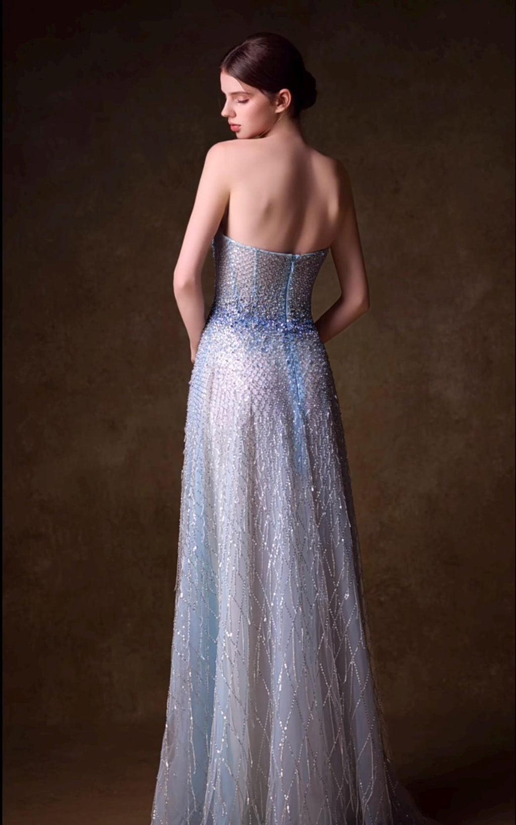 Strapless Dusty Blue Ombre Beaded A-Line Evening Gown, Hand Sewn Rhinestone Tulle Formal Prom Dress, Custom Luxury Gala Dress