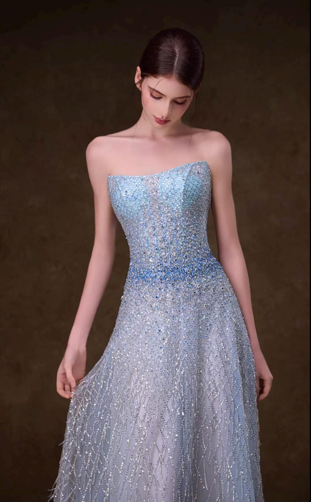 Strapless Dusty Blue Ombre Beaded A-Line Evening Gown, Hand Sewn Rhinestone Tulle Formal Prom Dress, Custom Luxury Gala Dress
