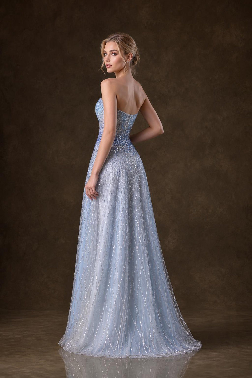 Strapless Dusty Blue Ombre Beaded A-Line Evening Gown, Hand Sewn Rhinestone Tulle Formal Prom Dress, Custom Luxury Gala Dress
