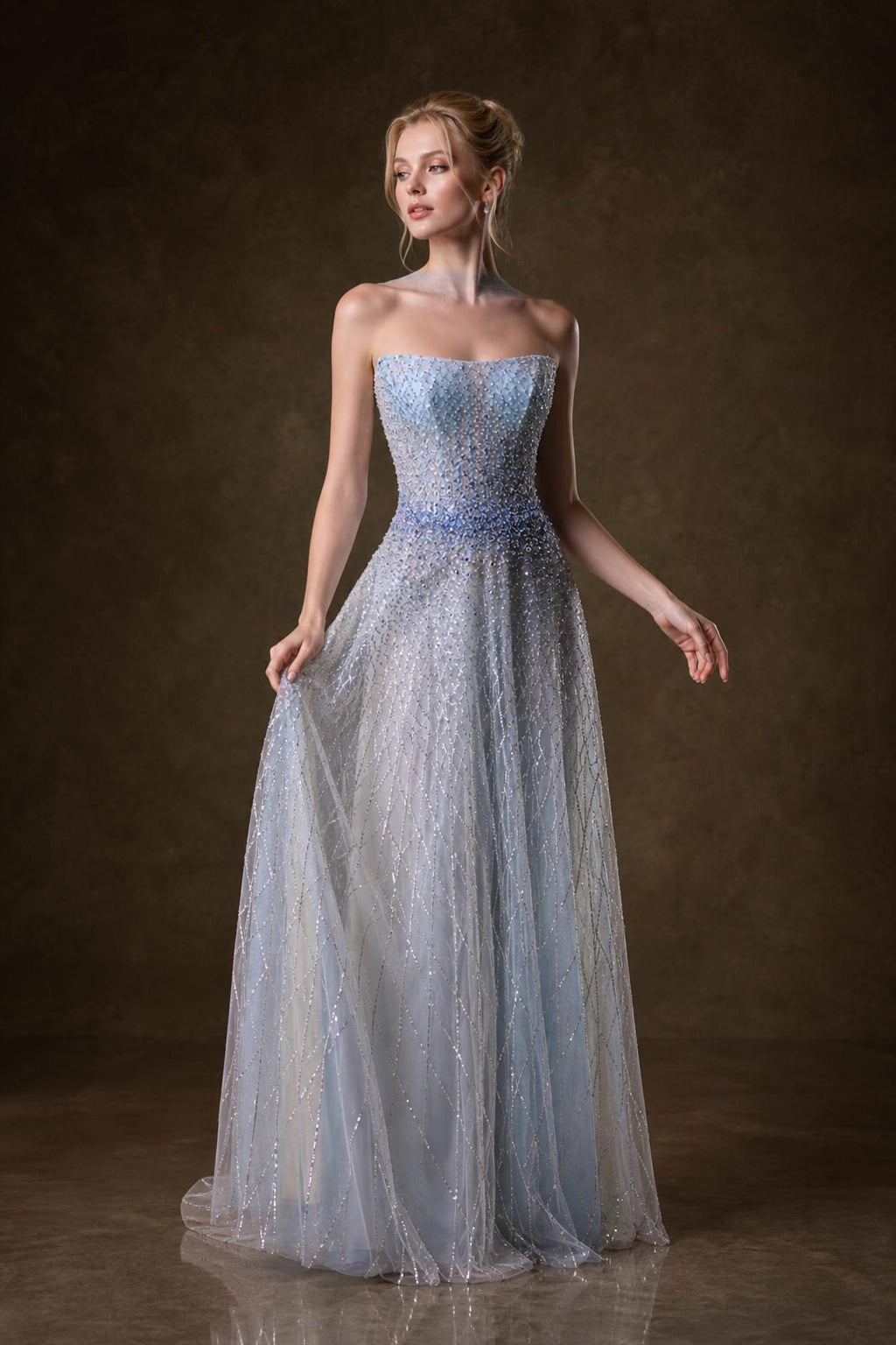 Strapless Dusty Blue Ombre Beaded A-Line Evening Gown, Hand Sewn Rhinestone Tulle Formal Prom Dress, Custom Luxury Gala Dress