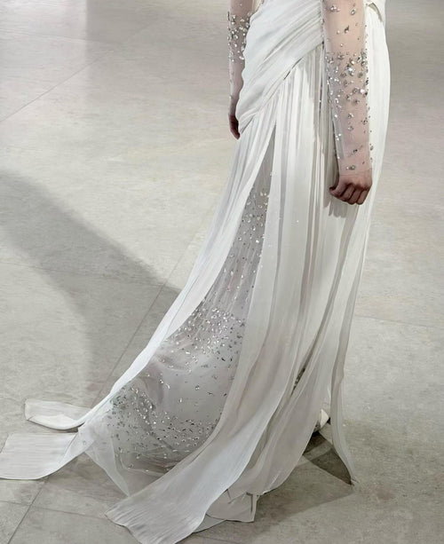 Corset Beaded Draped Slit Bridal Gown with Gloves