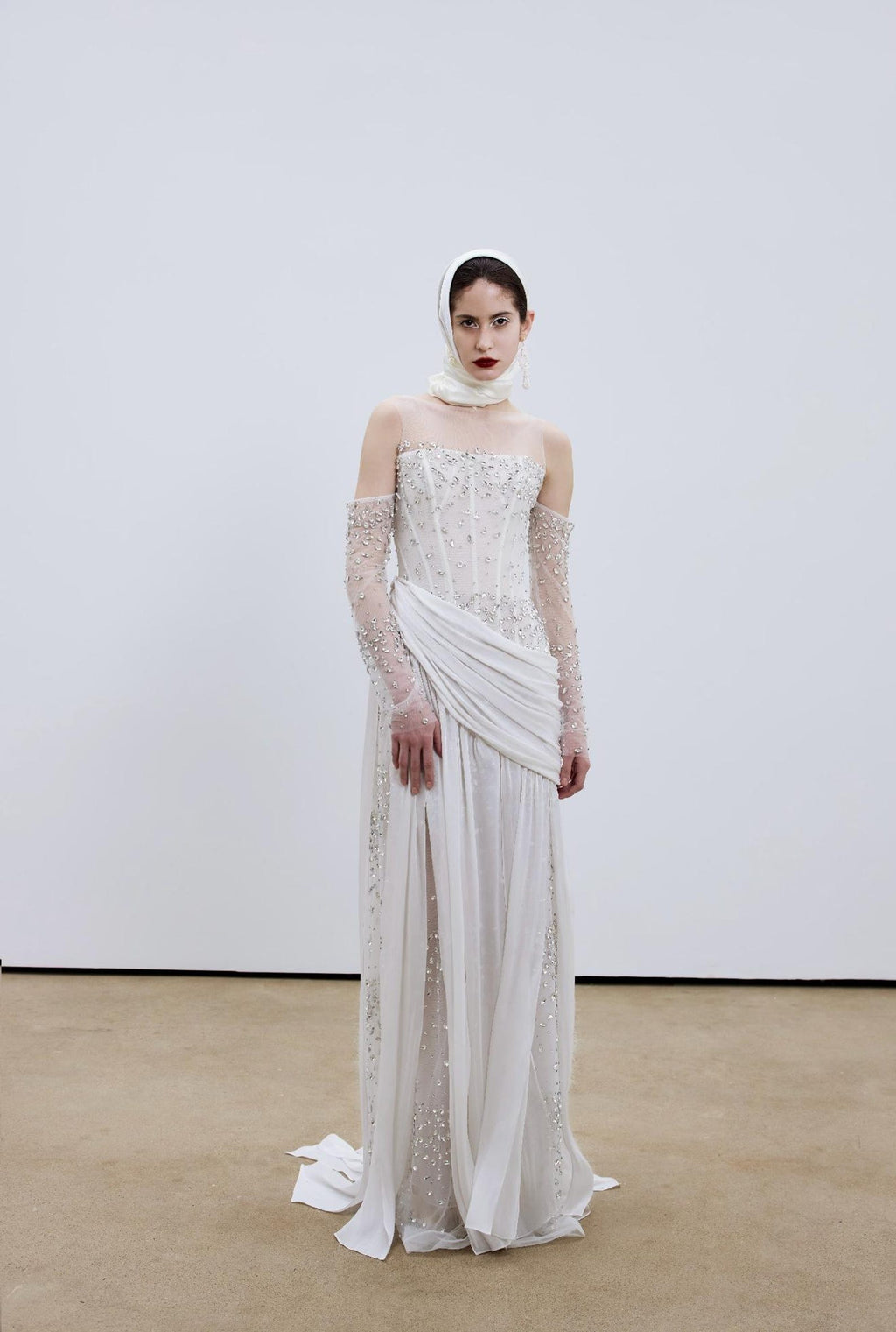 Corset Beaded Draped Slit Bridal Gown with Gloves