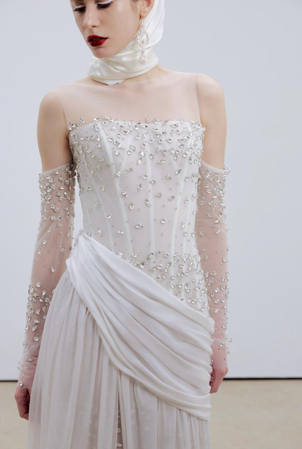 Corset Beaded Draped Slit Bridal Gown with Gloves