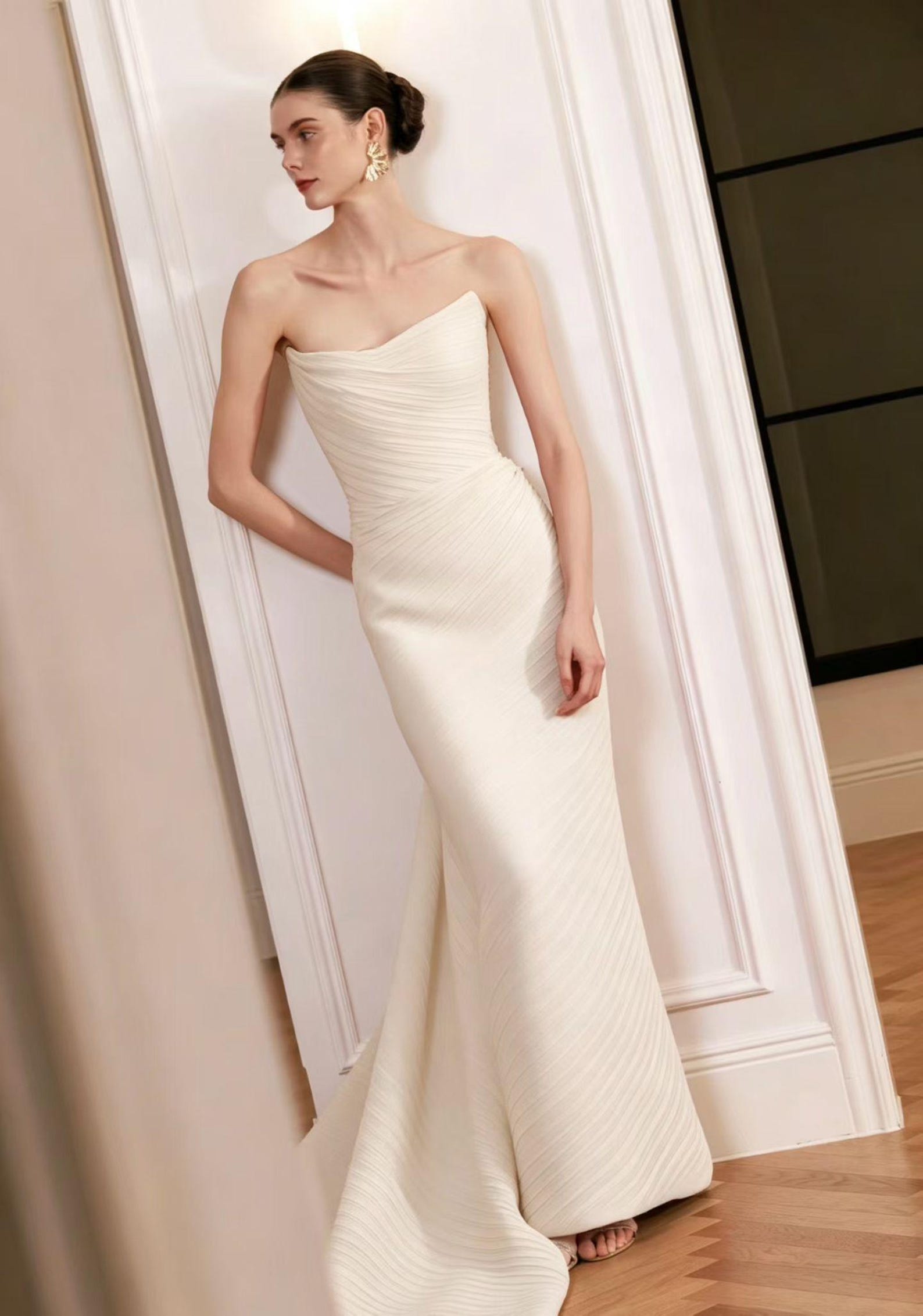 Pleated Satin Strapless Mermaid Bridal Gown with 3D Rose