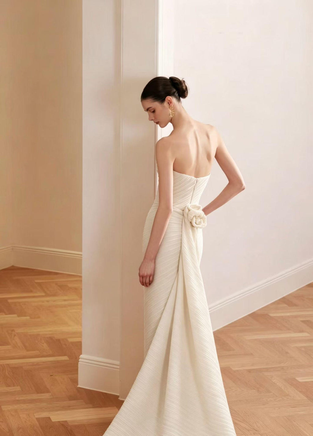 Pleated Satin Strapless Mermaid Bridal Gown with 3D Rose
