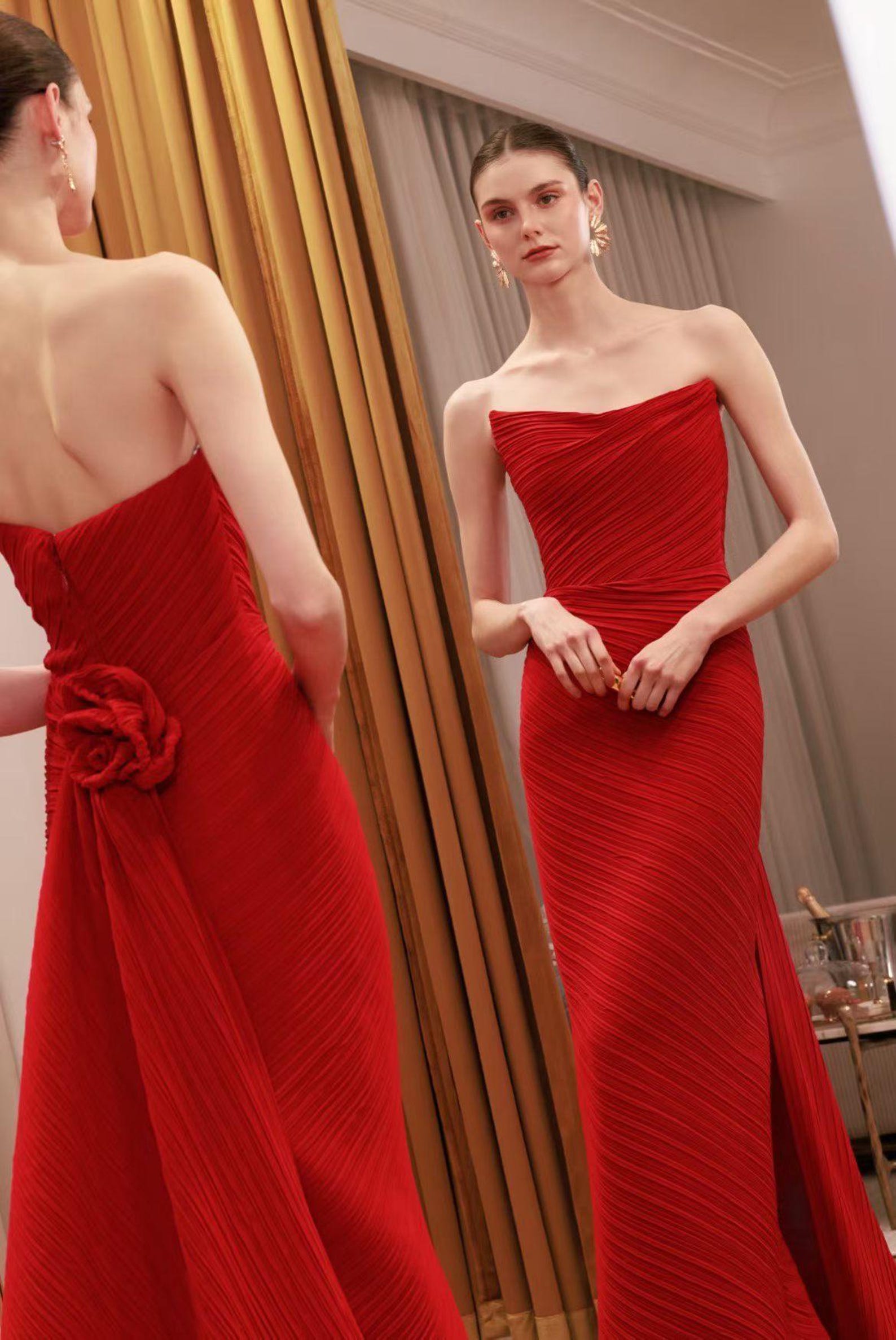 Strapless Red Mermaid Evening Gown, Textured Pleated Formal Dress With 3D Rose, Slit Wedding Reception Dress Custom Made