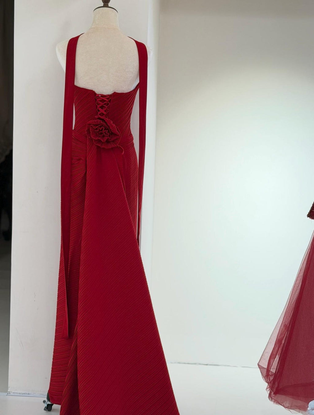 Strapless Red Mermaid Evening Gown, Textured Pleated Formal Dress With 3D Rose, Slit Wedding Reception Dress Custom Made