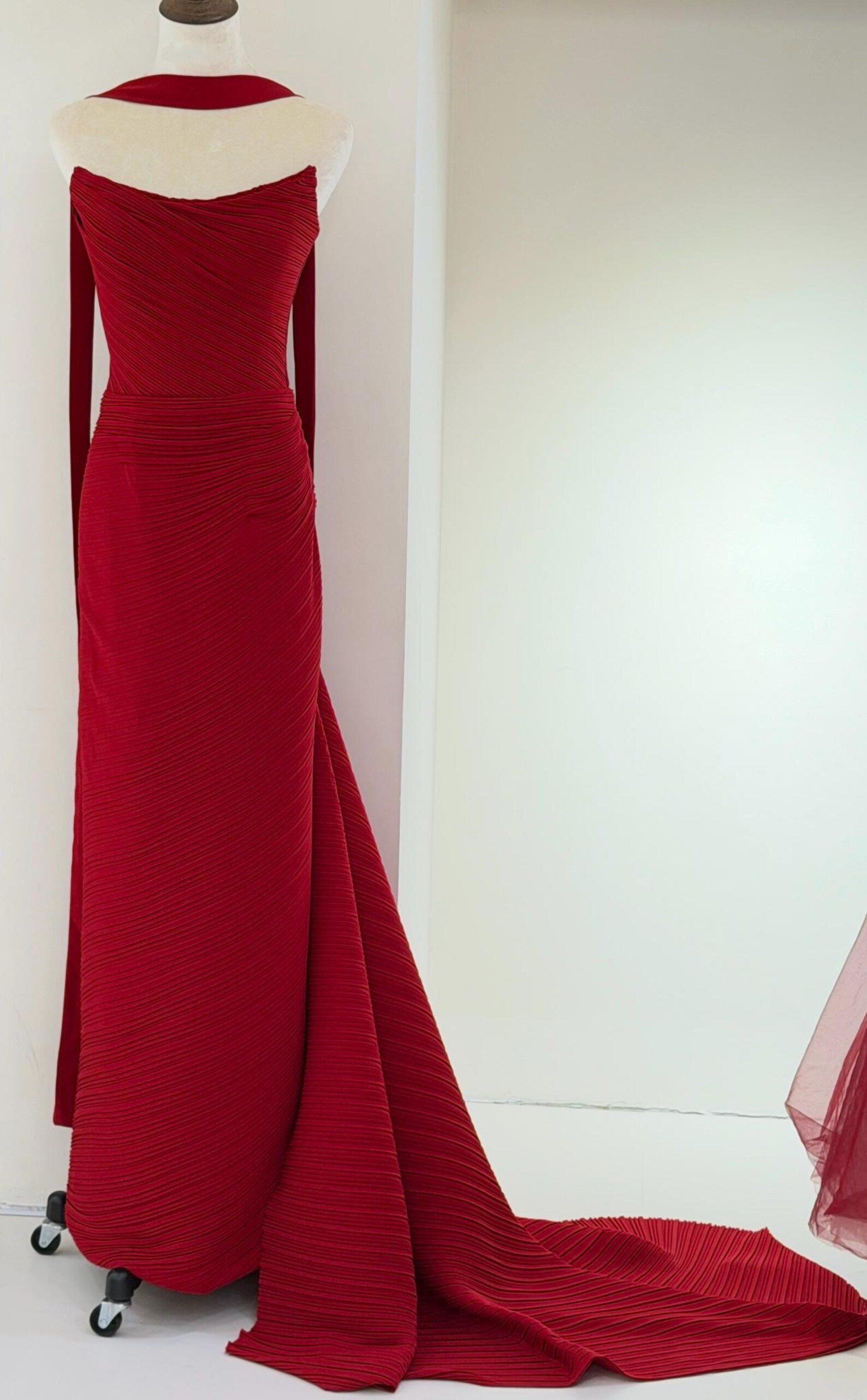 Strapless Red Mermaid Evening Gown, Textured Pleated Formal Dress With 3D Rose, Slit Wedding Reception Dress Custom Made