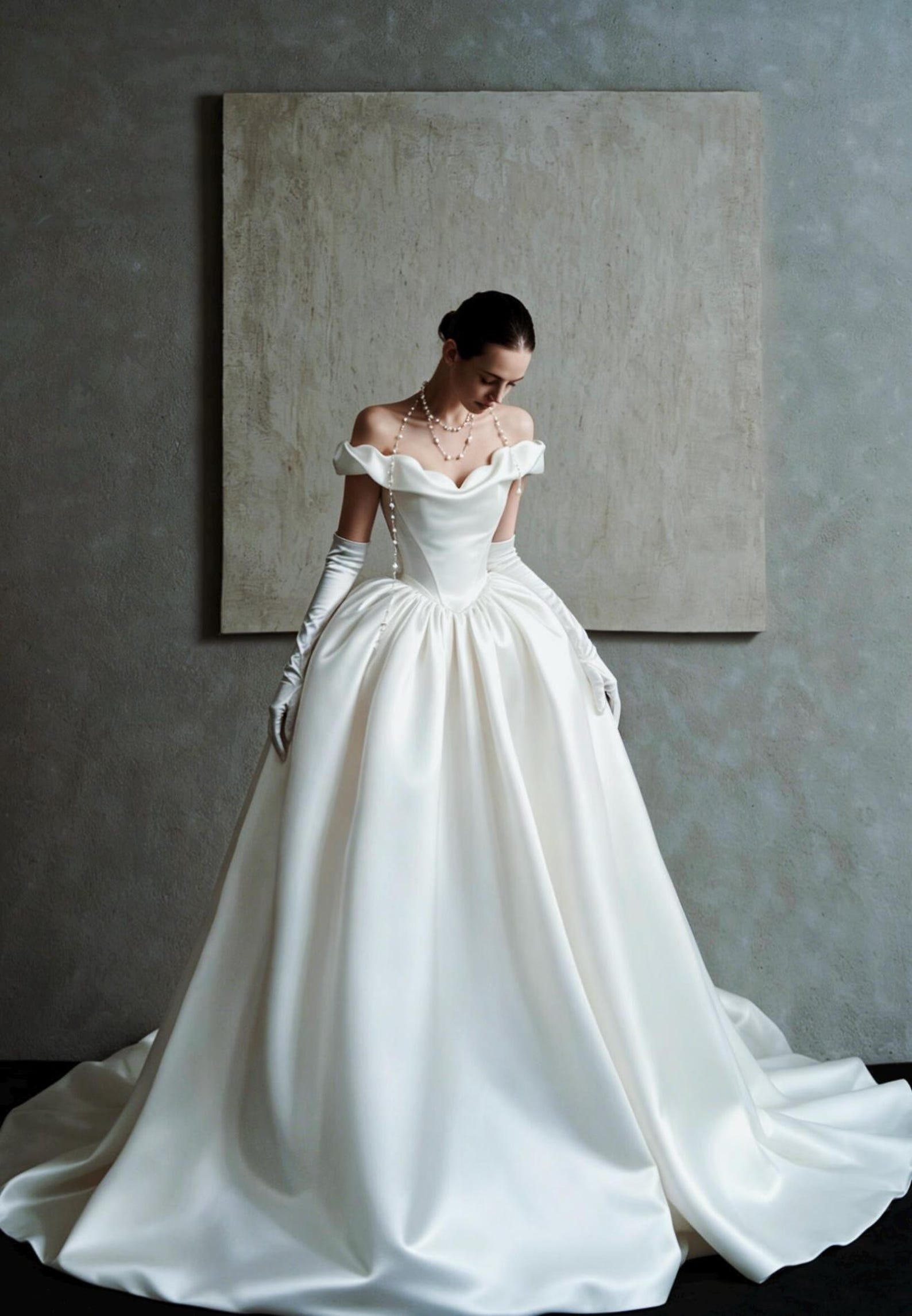 Off The Shoulder Satin Ballgown Wedding Dress, Ruffled V Neck Puff Skirt Bridal Gown, Custom Classic Wedding Gown