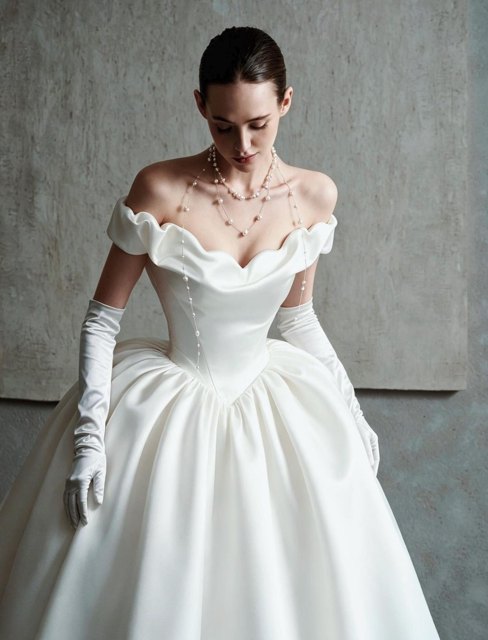 Off The Shoulder Satin Ballgown Wedding Dress, Ruffled V Neck Puff Skirt Bridal Gown, Custom Classic Wedding Gown