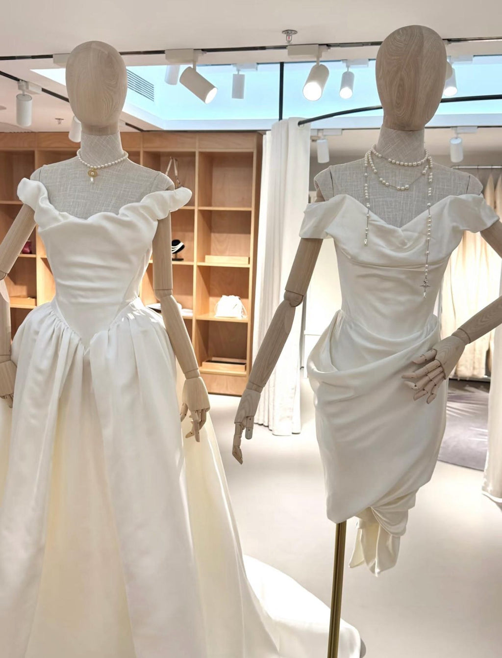 Off The Shoulder Satin Ballgown Wedding Dress, Ruffled V Neck Puff Skirt Bridal Gown, Custom Classic Wedding Gown