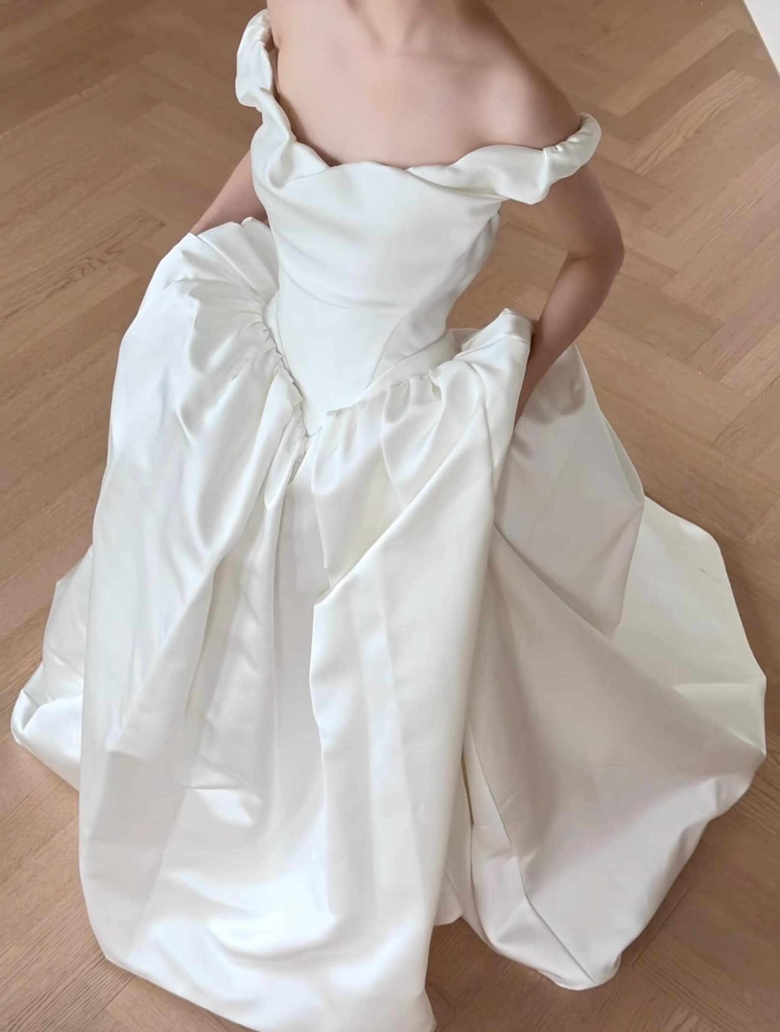 Off The Shoulder Satin Ballgown Wedding Dress, Ruffled V Neck Puff Skirt Bridal Gown, Custom Classic Wedding Gown
