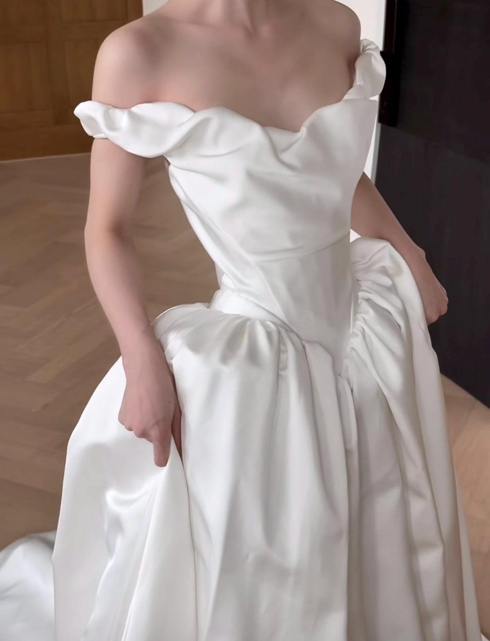 Off The Shoulder Satin Ballgown Wedding Dress, Ruffled V Neck Puff Skirt Bridal Gown, Custom Classic Wedding Gown