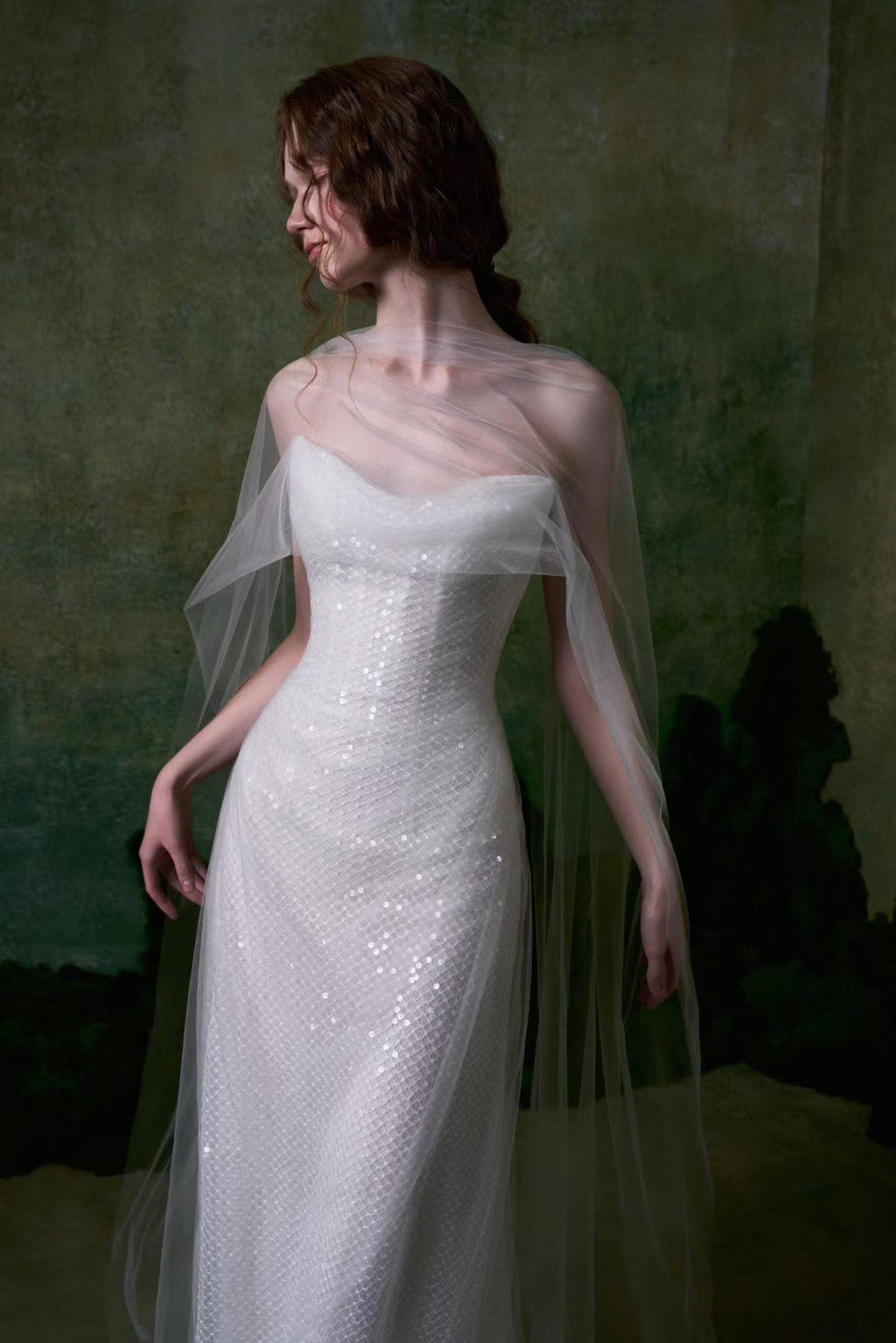Strapless Draped Sequin Mesh Mermaid Wedding Dress, Tulle Wing Bridal Gown, Romantic Elopement Wedding Dress Custom Made