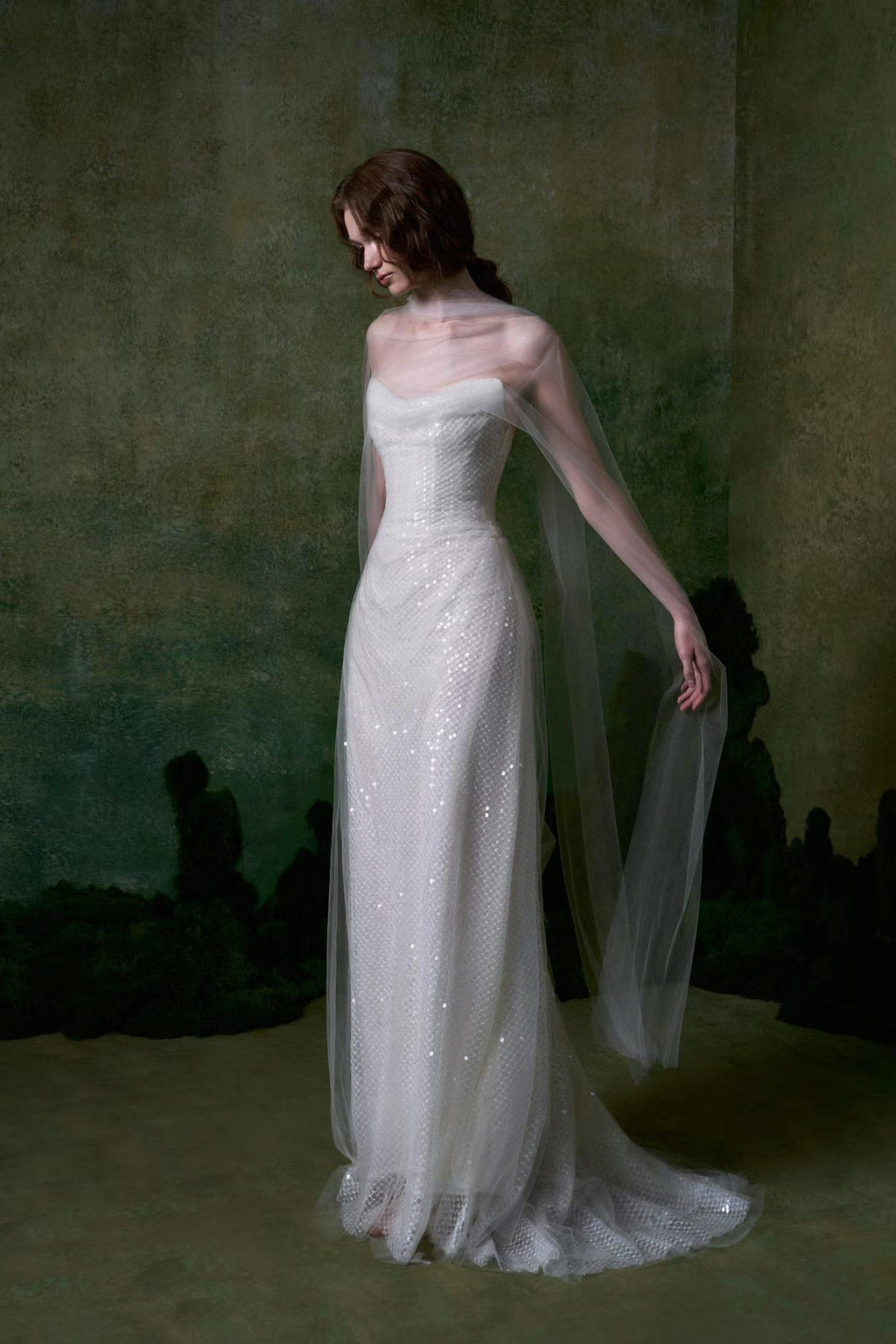 Strapless Draped Sequin Mesh Mermaid Wedding Dress, Tulle Wing Bridal Gown, Romantic Elopement Wedding Dress Custom Made