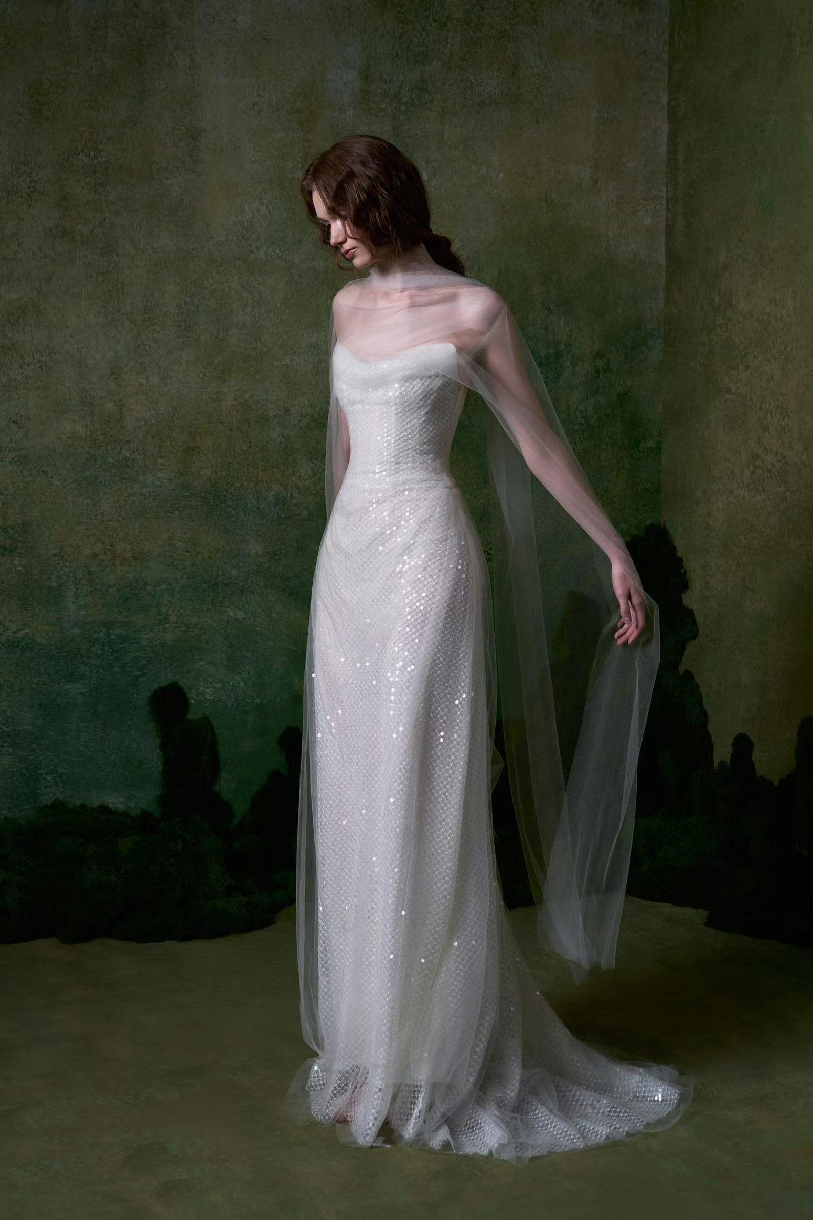 Strapless Draped Sequin Mesh Mermaid Wedding Dress, Tulle Wing Bridal Gown, Romantic Elopement Wedding Dress Custom Made