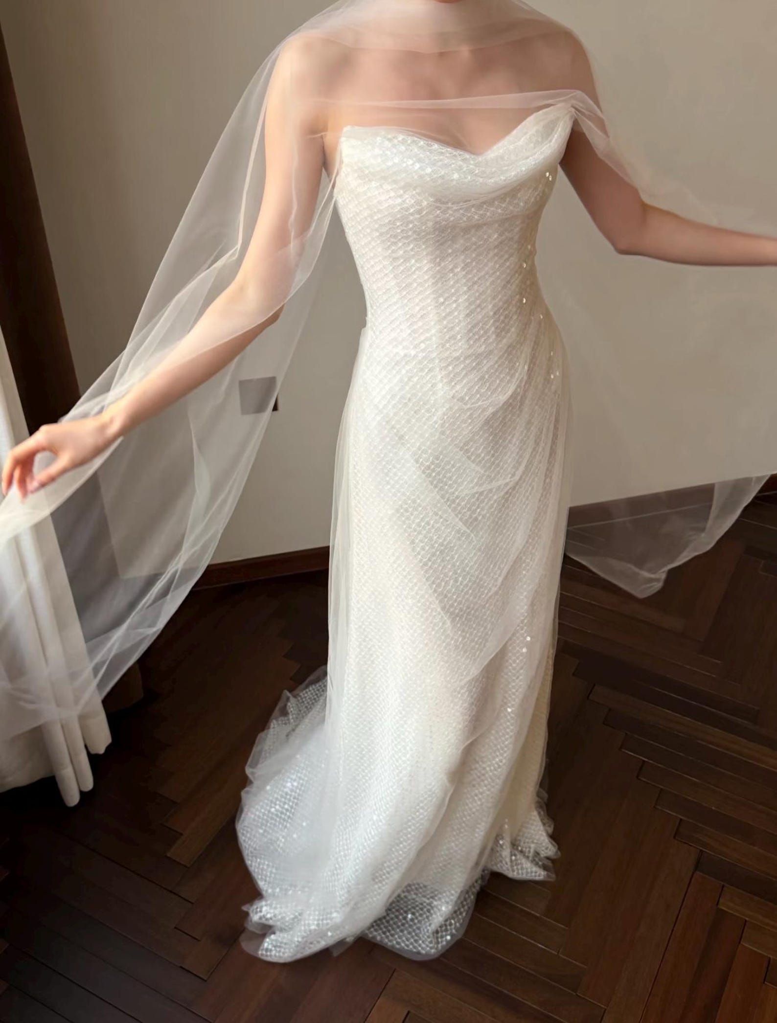 Strapless Draped Sequin Mesh Mermaid Wedding Dress, Tulle Wing Bridal Gown, Romantic Elopement Wedding Dress Custom Made