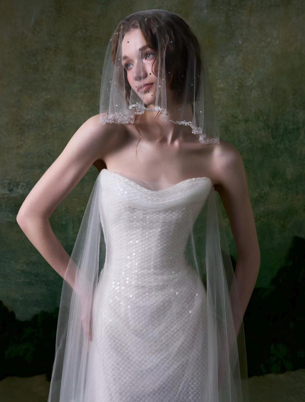 Strapless Draped Sequin Mesh Mermaid Wedding Dress, Tulle Wing Bridal Gown, Romantic Elopement Wedding Dress Custom Made