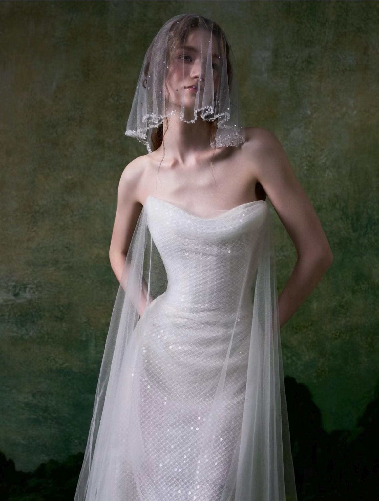 Strapless Draped Sequin Mesh Mermaid Wedding Dress, Tulle Wing Bridal Gown, Romantic Elopement Wedding Dress Custom Made