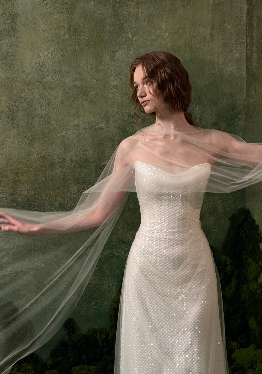 Strapless Draped Sequin Mesh Mermaid Wedding Dress, Tulle Wing Bridal Gown, Romantic Elopement Wedding Dress Custom Made