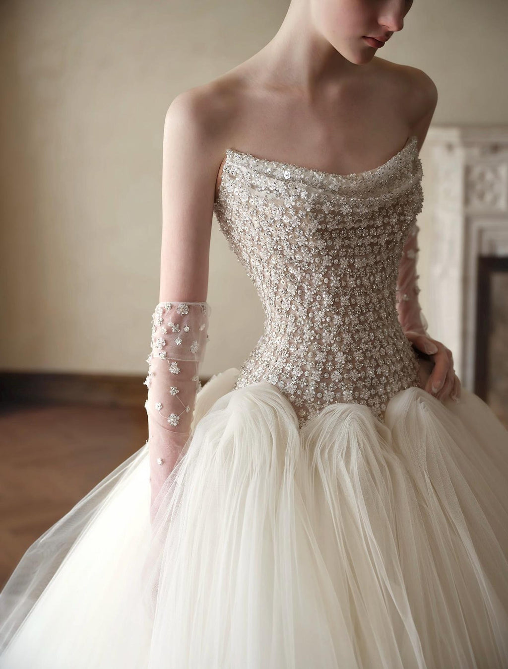 Strapless Beaded Bodice Tulle Ballgown Wedding Dress, Luxury Princess Bridal Gown With Long Train Custom Made