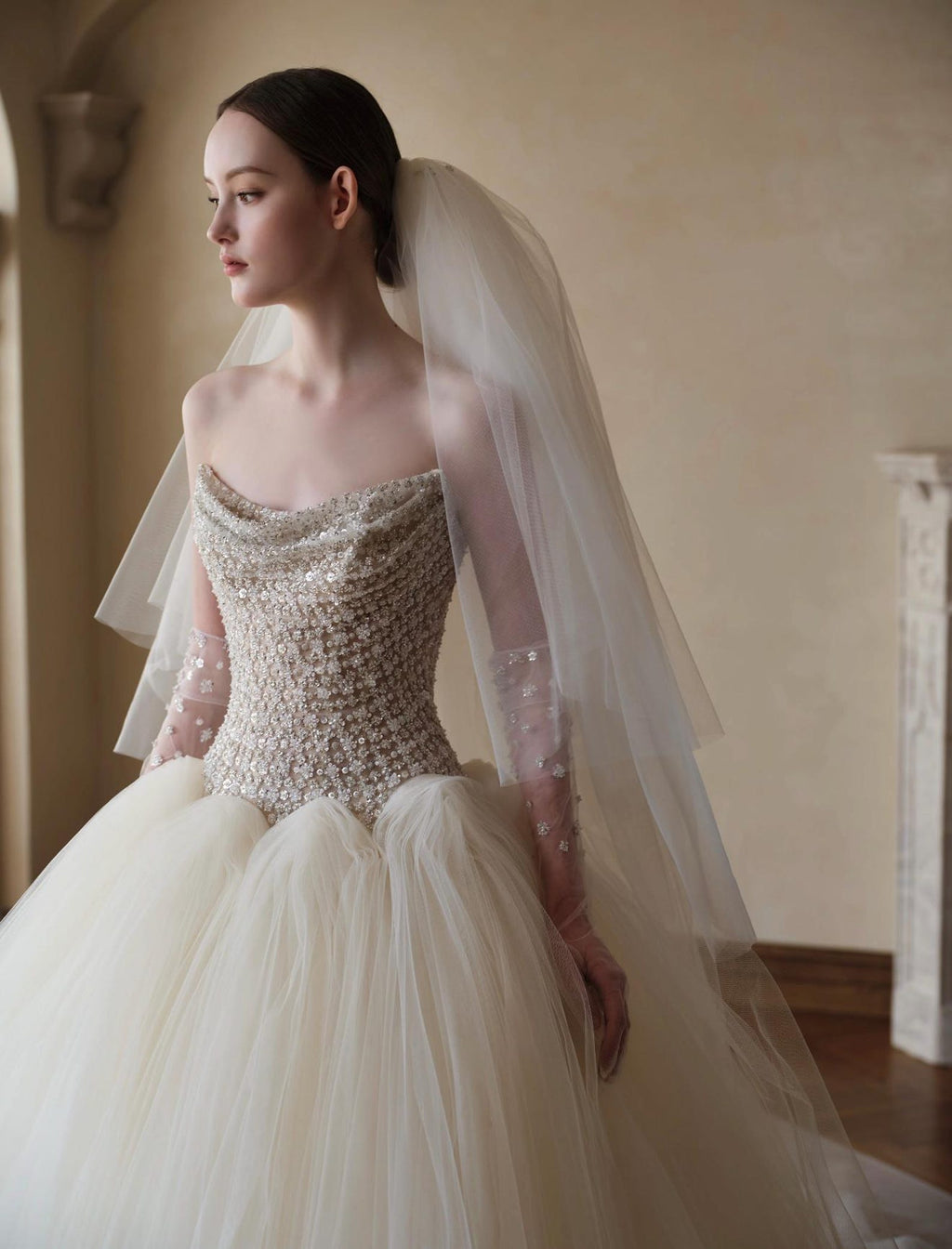 Strapless Beaded Bodice Tulle Ballgown Wedding Dress, Luxury Princess Bridal Gown With Long Train Custom Made