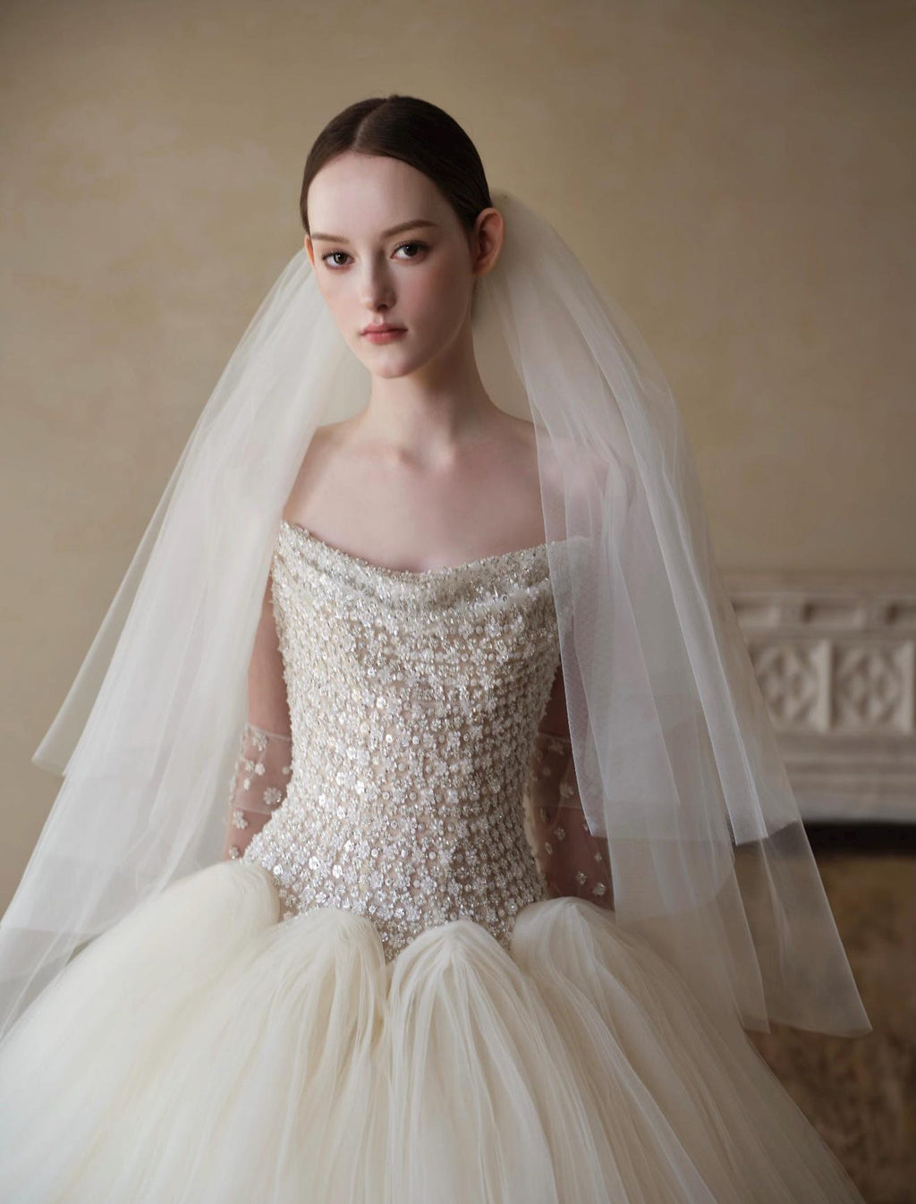Strapless Beaded Bodice Tulle Ballgown Wedding Dress, Luxury Princess Bridal Gown With Long Train Custom Made