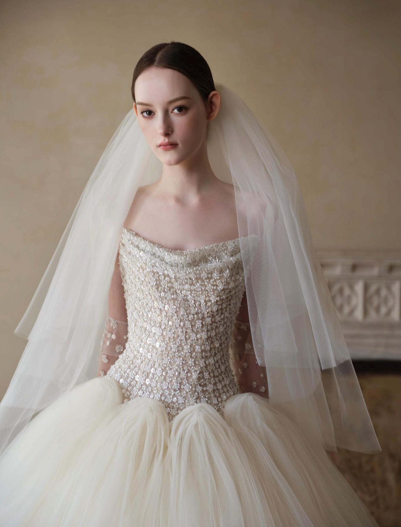 Strapless Beaded Bodice Tulle Ballgown Wedding Dress, Luxury Princess Bridal Gown With Long Train Custom Made