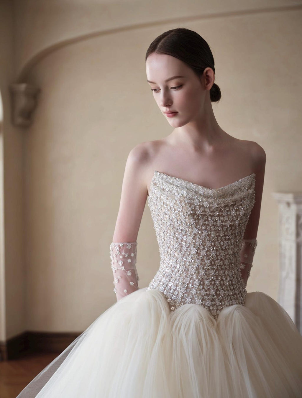 Strapless Beaded Bodice Tulle Ballgown Wedding Dress, Luxury Princess Bridal Gown With Long Train Custom Made