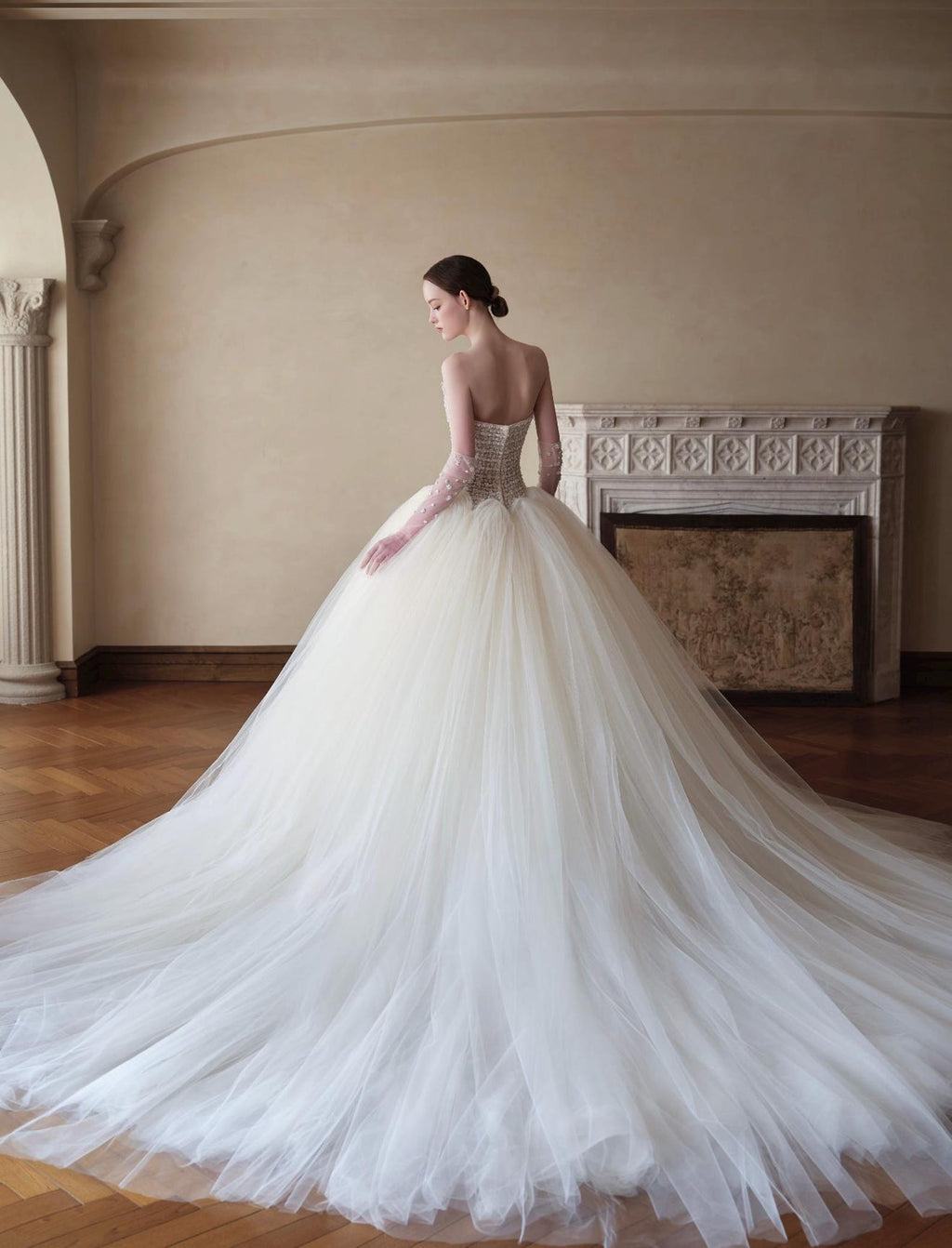 Strapless Beaded Bodice Tulle Ballgown Wedding Dress, Luxury Princess Bridal Gown With Long Train Custom Made