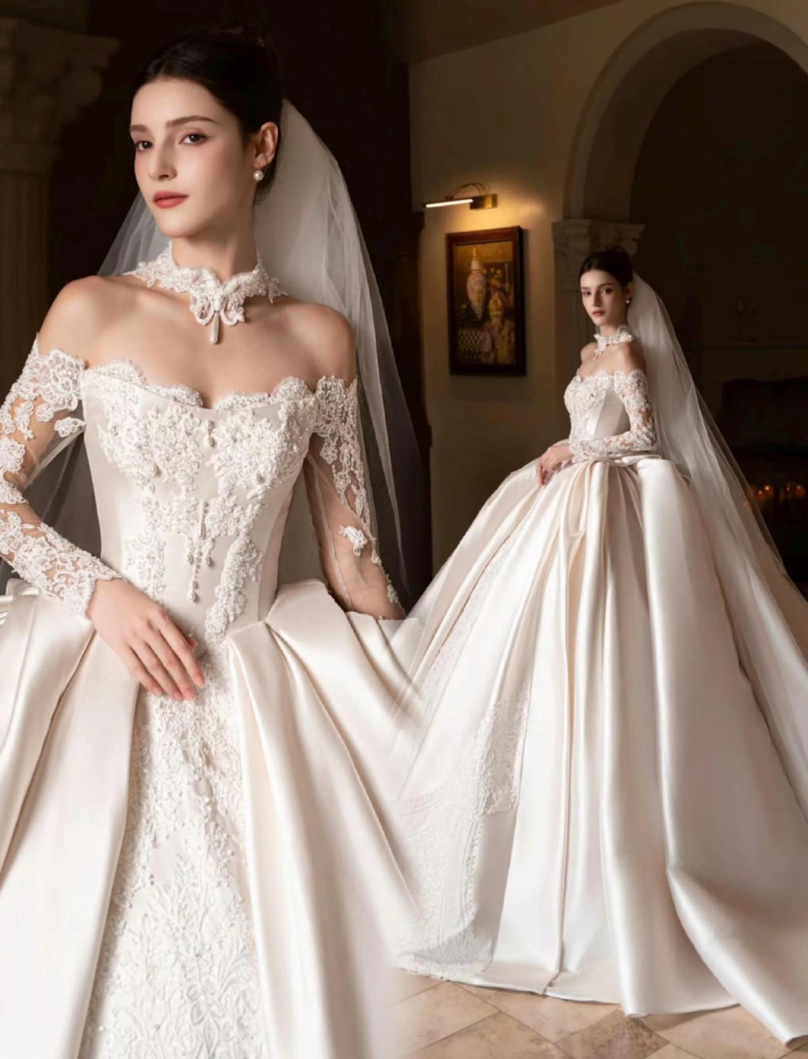 Royal Castle Style Bridal Ballgown, High Neck Lace Choker Long Sleeve Wedding Dress, Heavy Embroidery Satin Wedding Gown for Bride