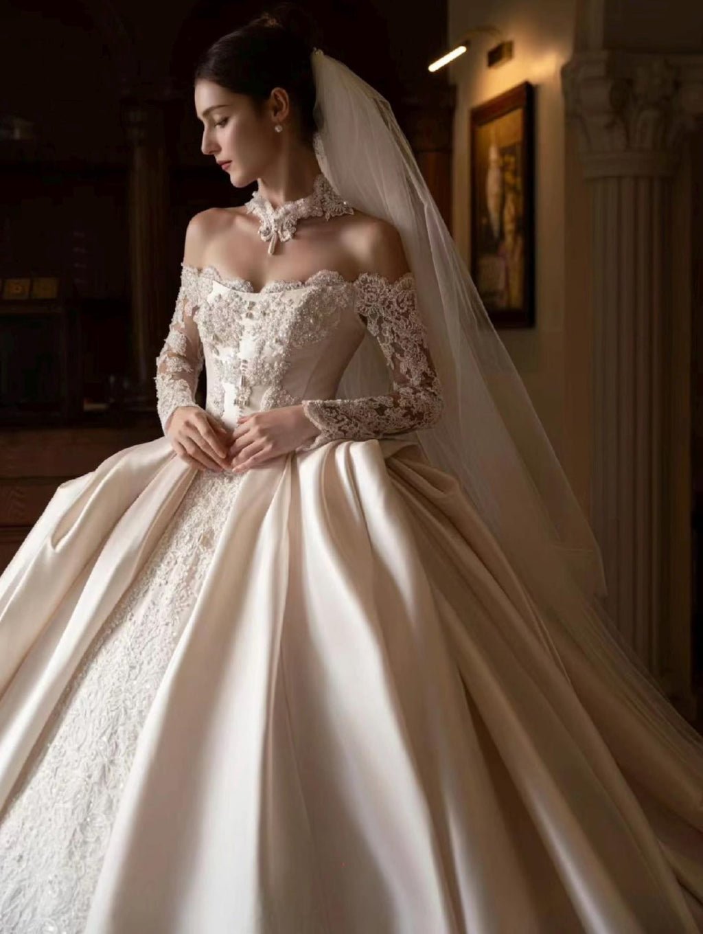 Royal Castle Style Bridal Ballgown, High Neck Lace Choker Long Sleeve Wedding Dress, Heavy Embroidery Satin Wedding Gown for Bride