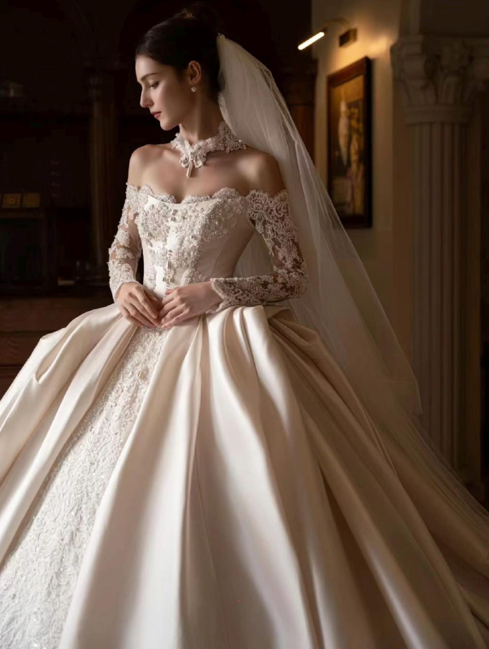 Royal Castle Style Bridal Ballgown, High Neck Lace Choker Long Sleeve Wedding Dress, Heavy Embroidery Satin Wedding Gown for Bride