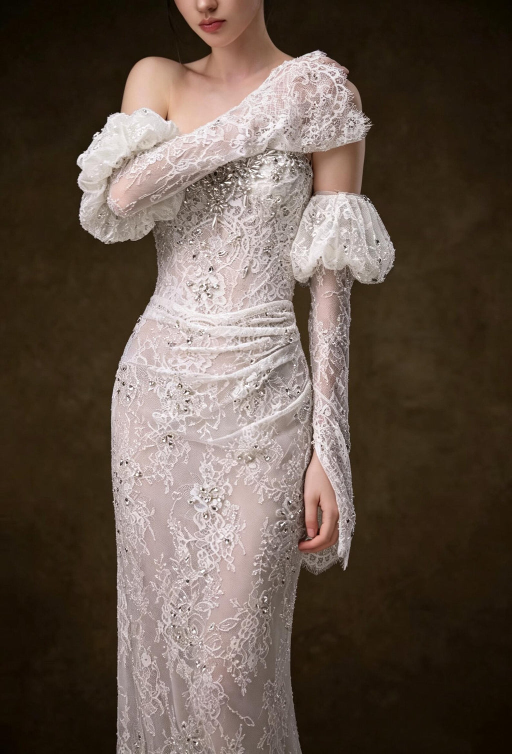 Off Shoulder Puff Sleeve Lace Mermaid Wedding Dress, Beaded Fitted Bridal Gown
