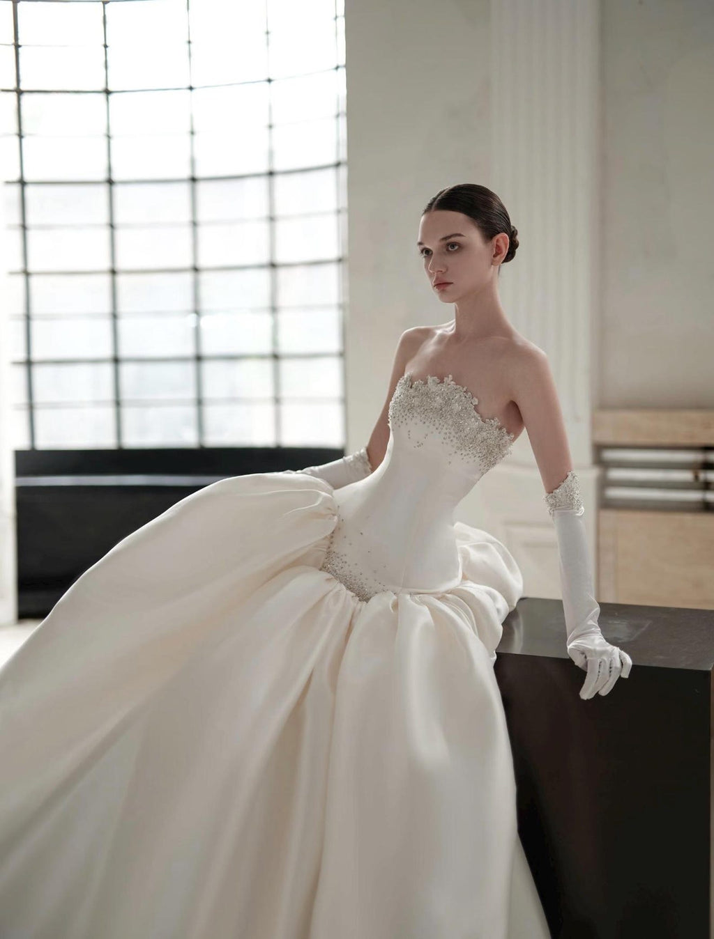 Strapless Beaded Satin Ball Gown Wedding Dress, Luxury Voluminous Skirt Bridal Gown with Lace Gloves