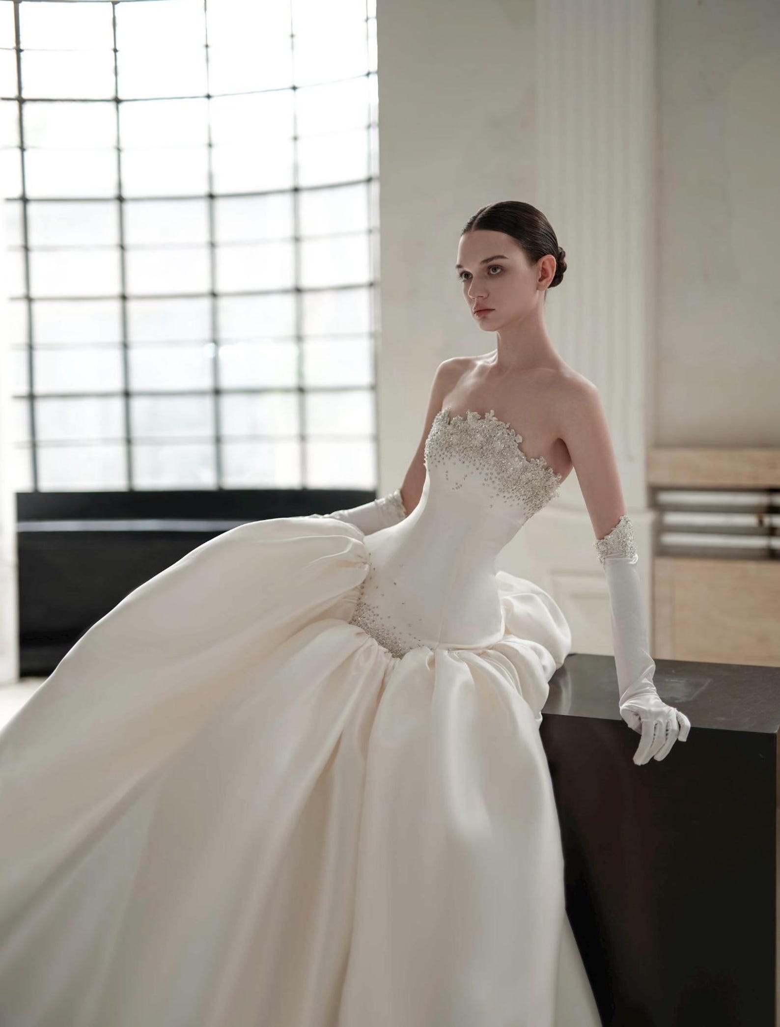 Strapless Beaded Satin Ball Gown Wedding Dress, Luxury Voluminous Skirt Bridal Gown with Lace Gloves