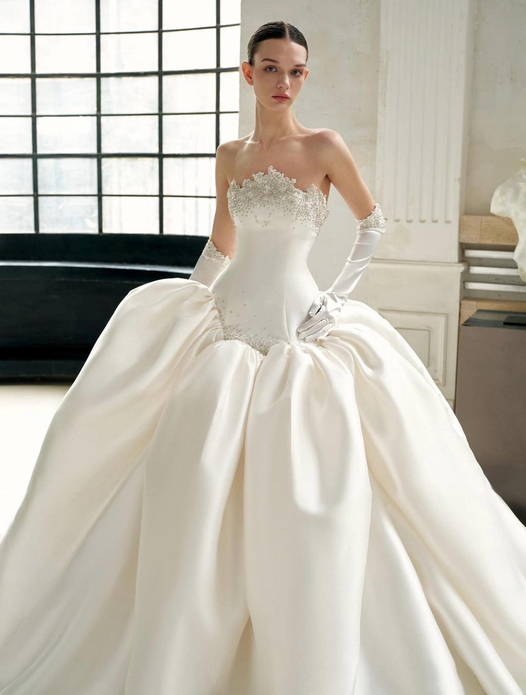 Strapless Beaded Satin Ball Gown Wedding Dress, Luxury Voluminous Skirt Bridal Gown with Lace Gloves