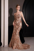 Champagne 3D Floral Sequin Mermaid Evening Dress Strapless Formal Gown