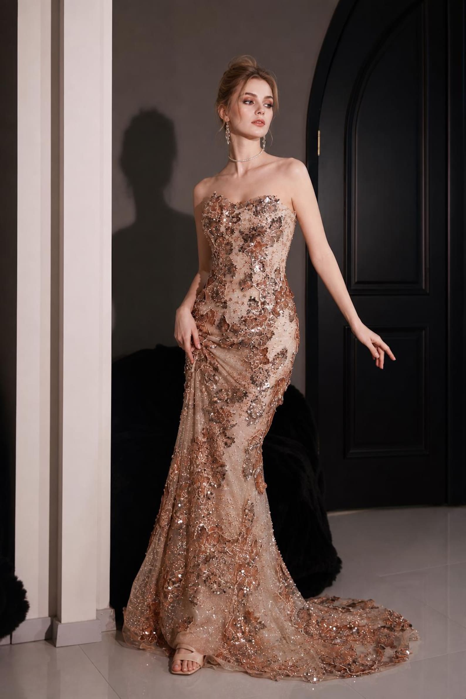 Champagne 3D Floral Sequin Mermaid Evening Dress Strapless Formal Gown